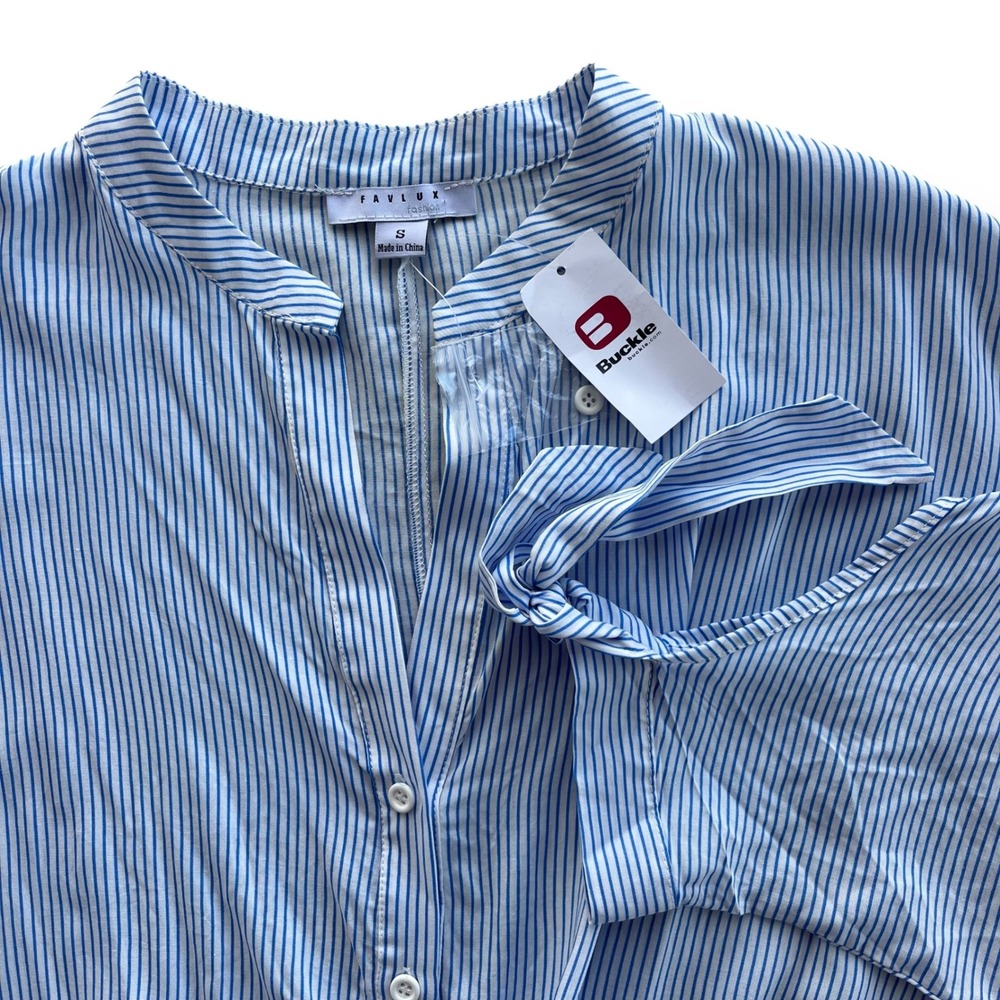 Favlux Fashion Buckle S Blue White Stripe Splitneck Dolman Sleeve Blouse Pintuck